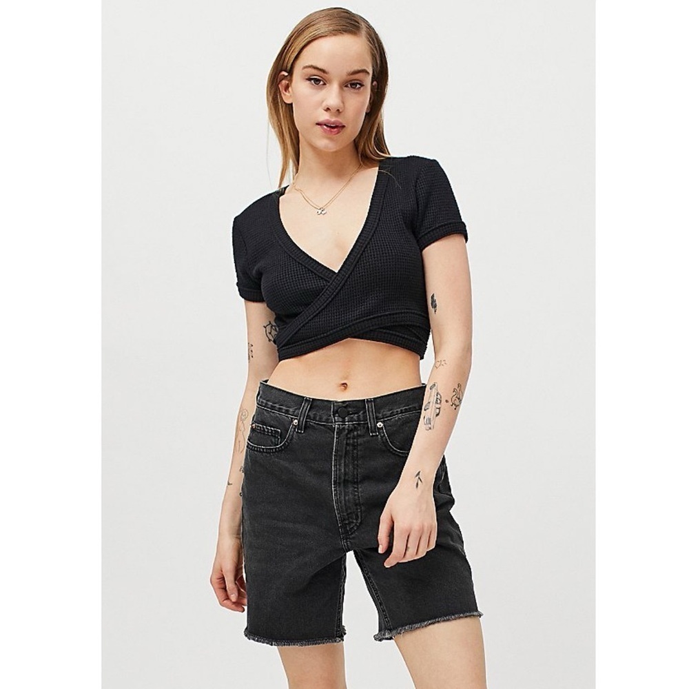 Urban Outfitters Karlie Waffle Wrap Crop Top Black Short Sleeve Balletcore M